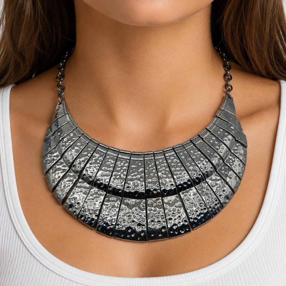 Hammered Silver Tone Statement Collar Necklace Tribal Bib Boho Runway Chic Edgy